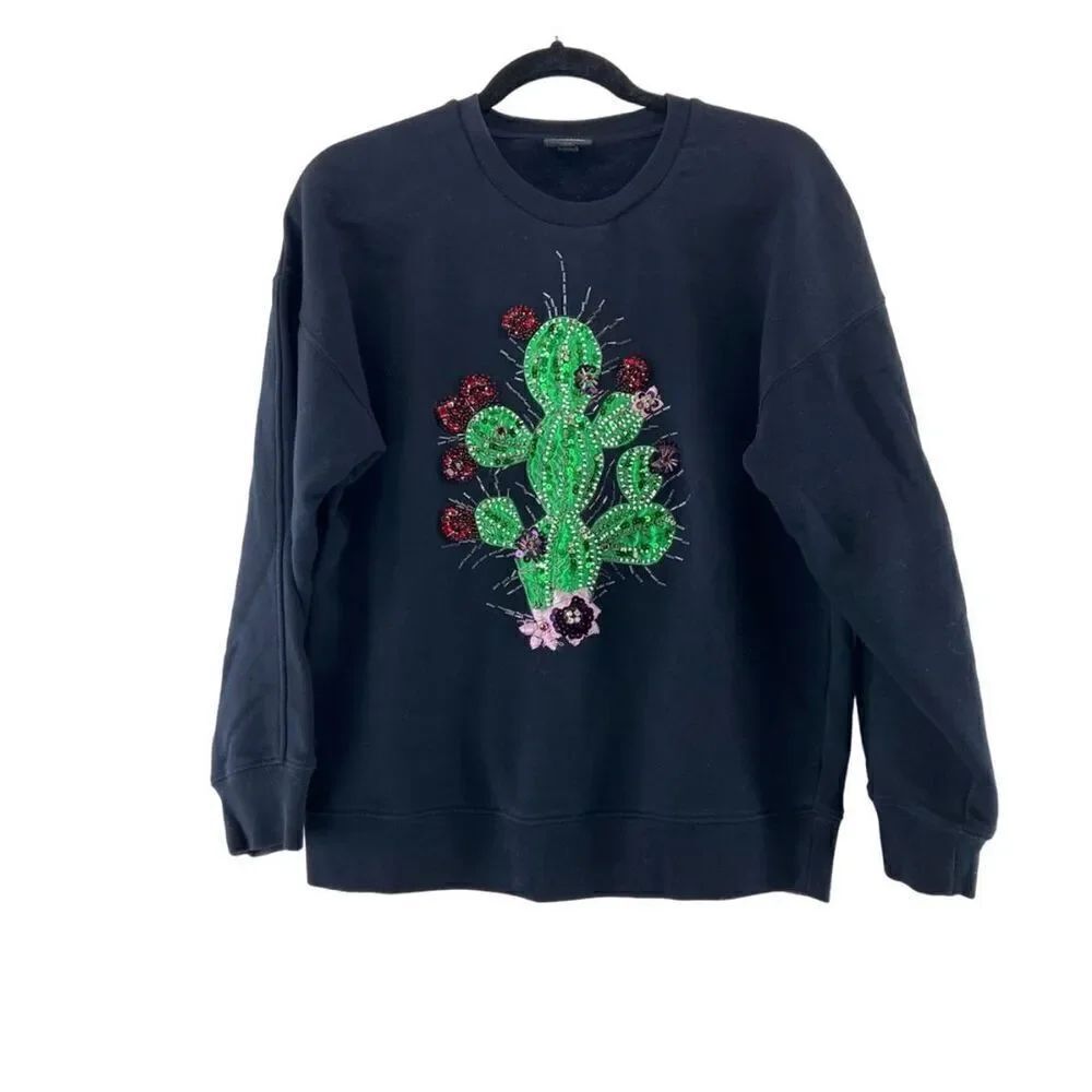 Just Cavalli Size 40 Cactus Applique Beaded Sequin Crewneck Sweatshirt Black